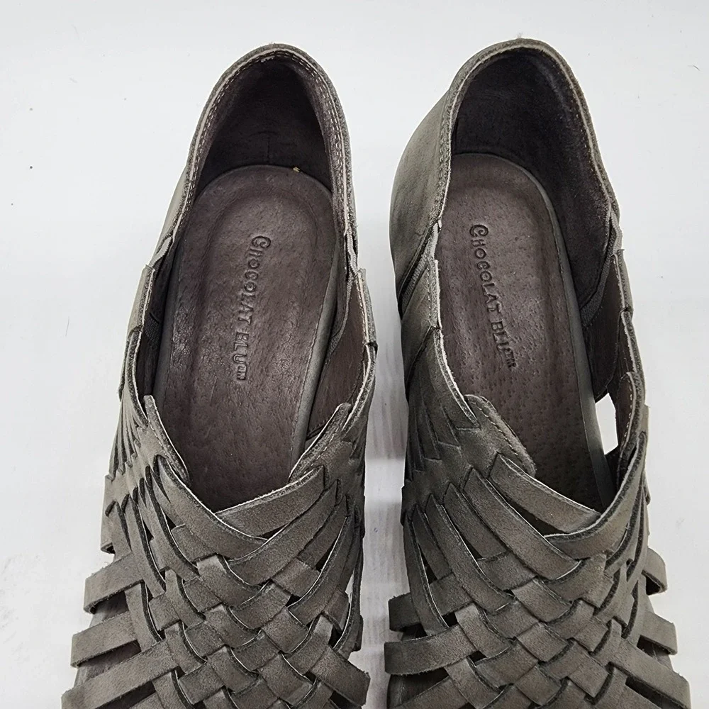 Chocolat Blu Yoko Woven Wedge Sandals Women's Size 8 Grey Leather Cork Heel